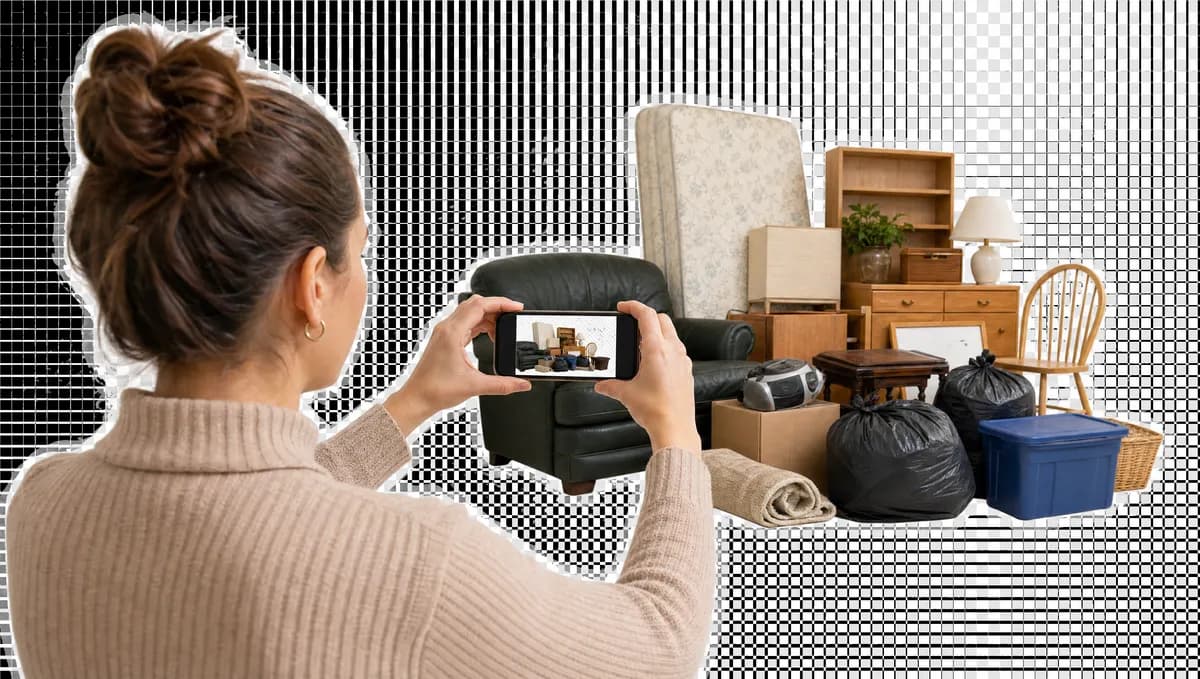 Someone photographing a pile of items on their phone to get a quote