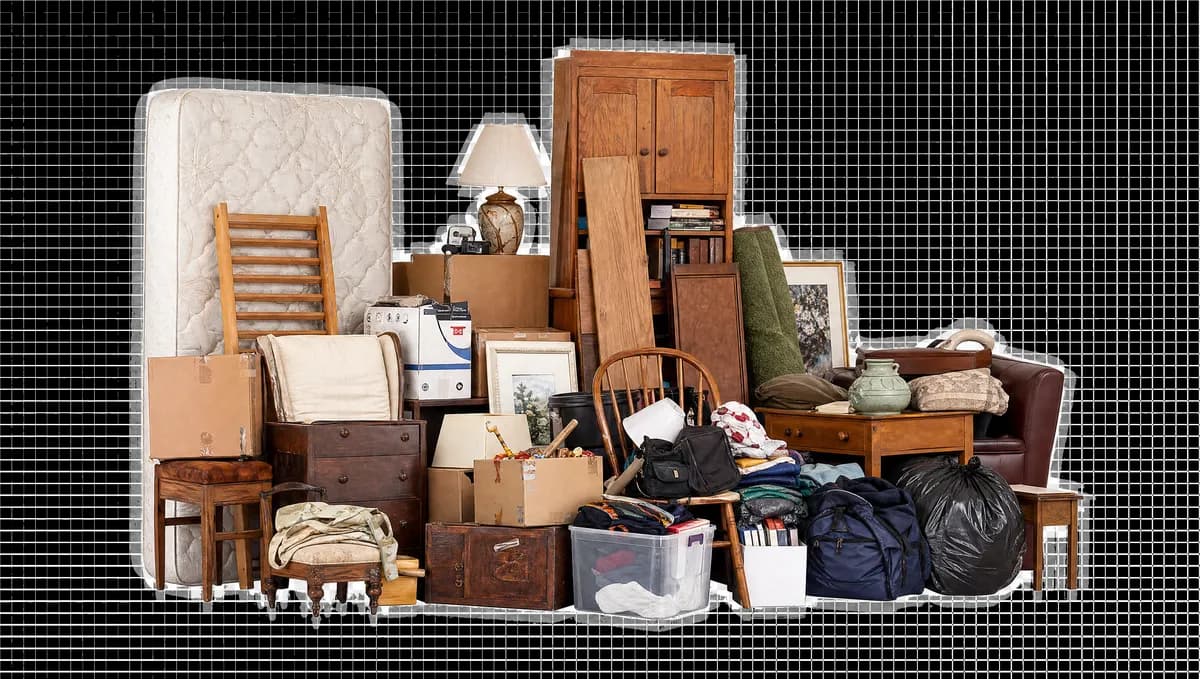 A household clearance pile of mattress, furniture and boxes